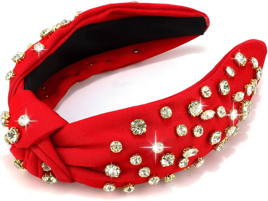 Red Rhinestone Knotted Beaded Headband - Sparkly Embellished Crystal Jeweled Wide Top Knot Hair A... | Amazon (US)