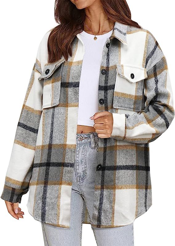 Women's Flannel Plaid Shacket Long Sleeve Button Down Chest Pocketed Shirts Jacket Coats | Amazon (US)