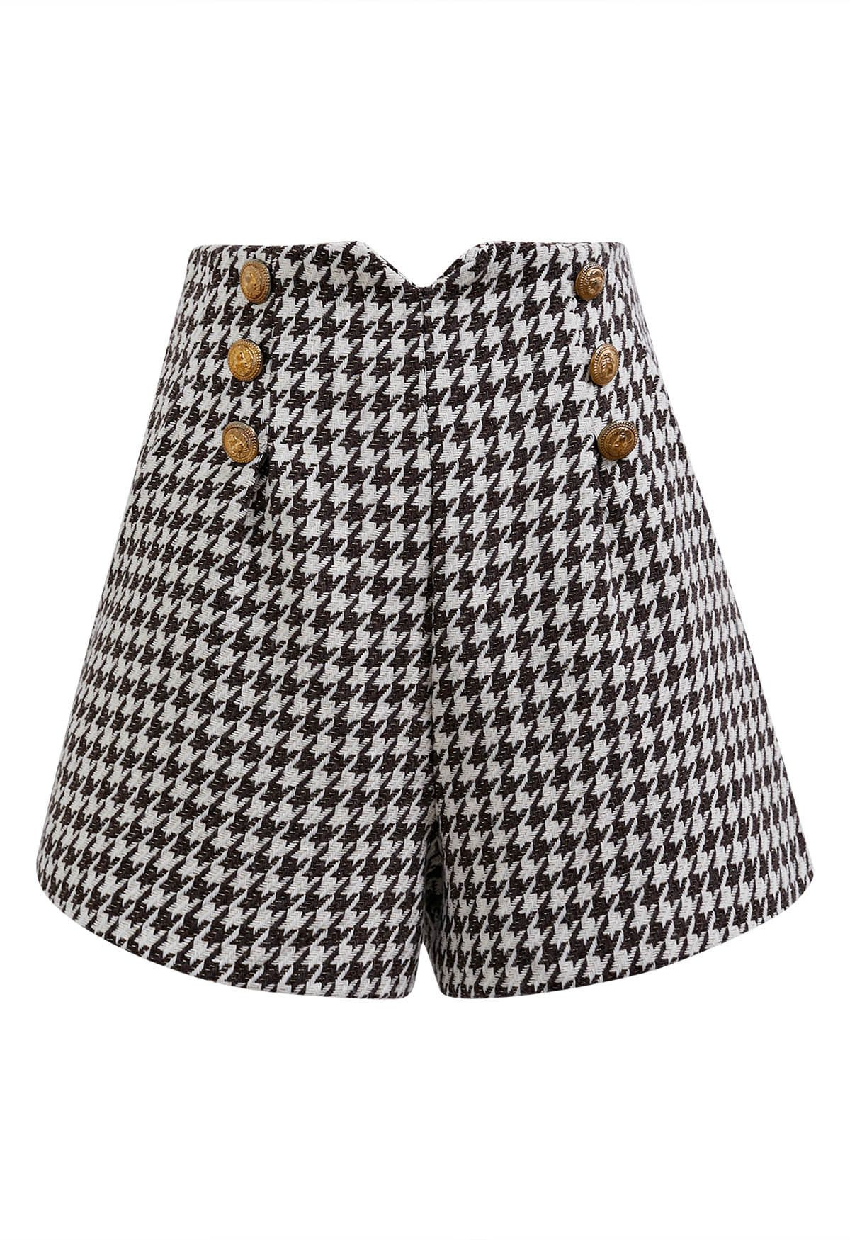 Metallic Houndstooth Golden Button Shorts in Brown | Chicwish