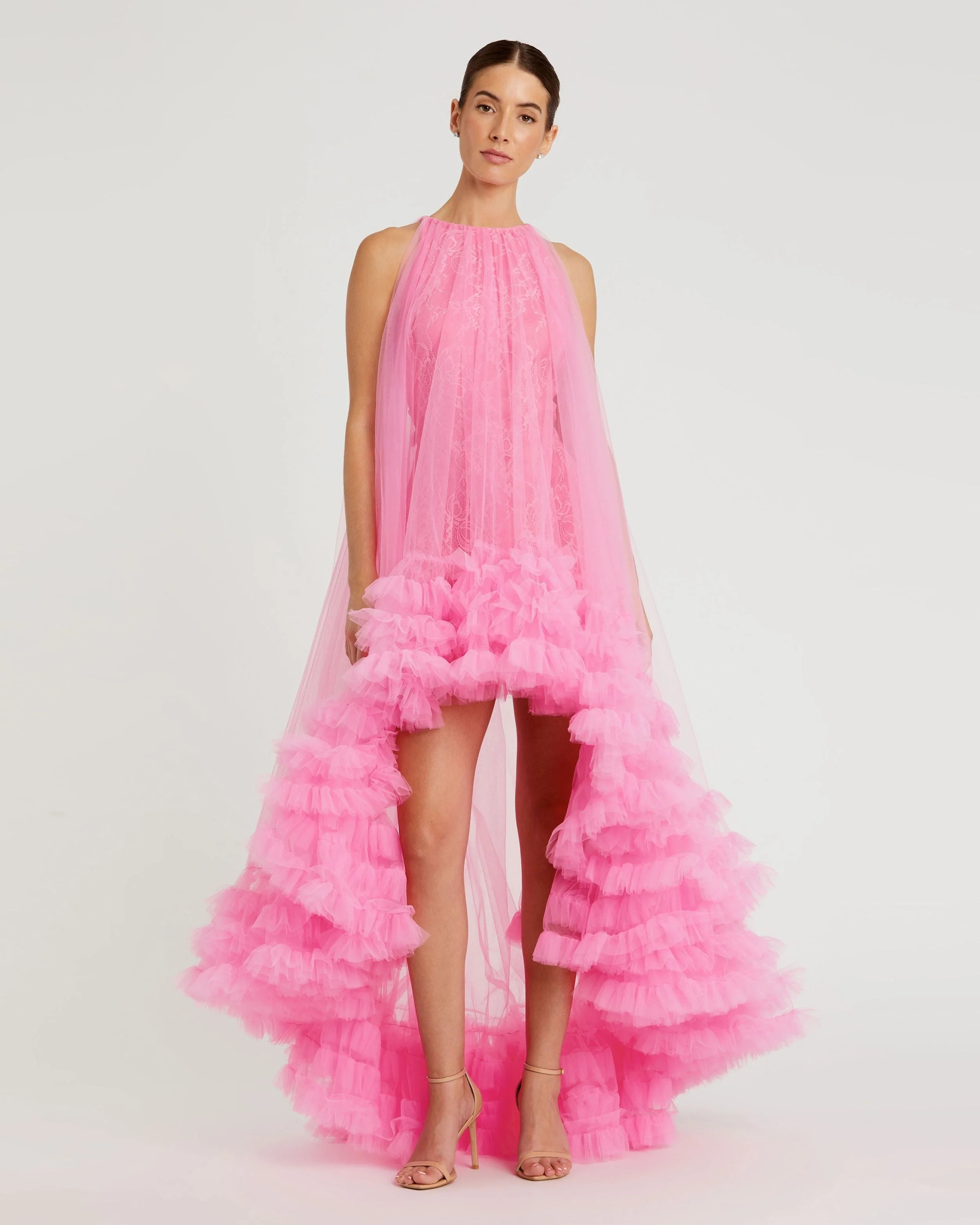 Pink Tulle High Neck Sleeveless Ruffled Hem Hi-Low Gown - Mac Duggal | Mac Duggal