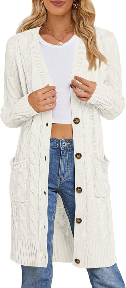 MEROKEETY Women's 2024 Long Sleeve Cable Knit Long Cardigan Open Front Button Sweater Outerwear | Amazon (US)