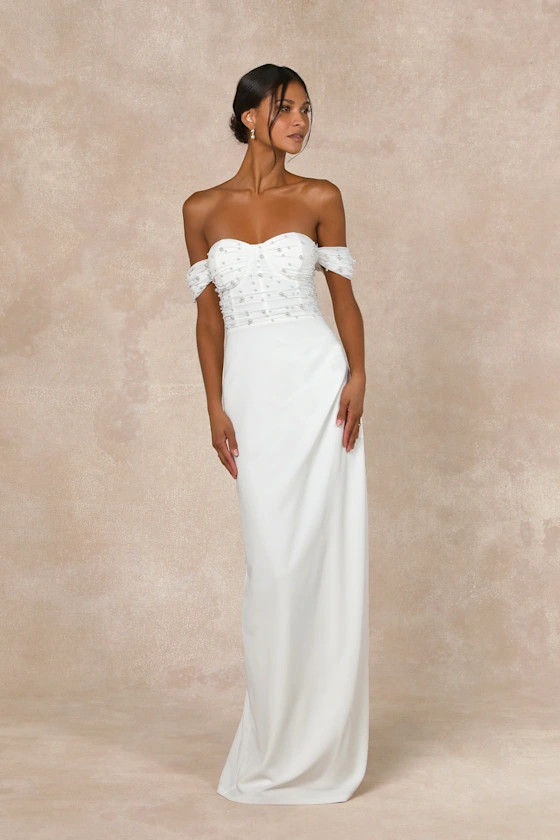 Immensely Charming White Mesh Pearl Bustier Maxi Dress | Lulus