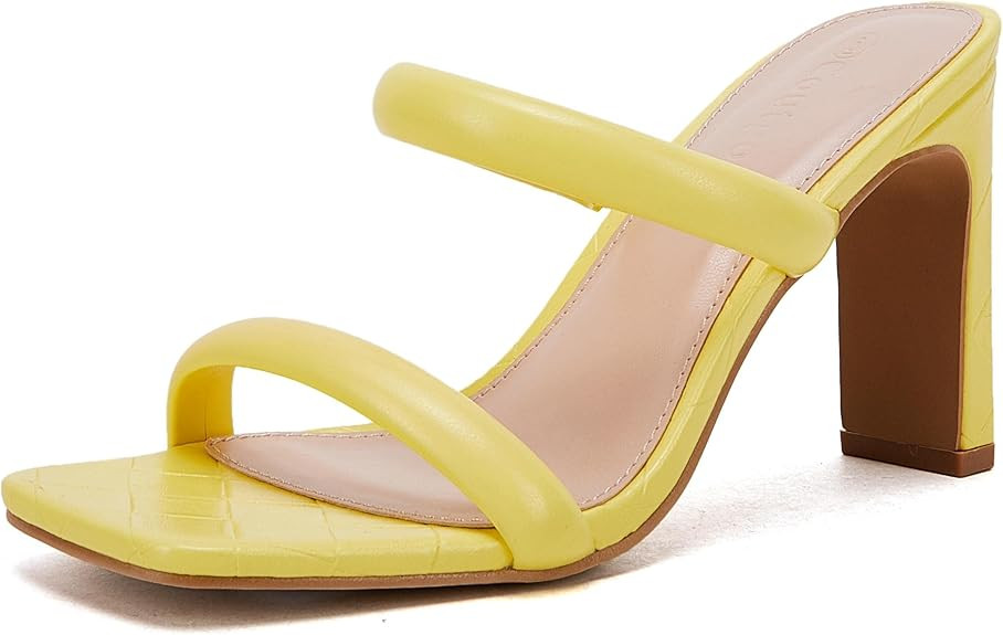 Womens Square Open Toe Heeled Sandals Two Strap high Heel Backless Dress Slip On Mules | Amazon (US)