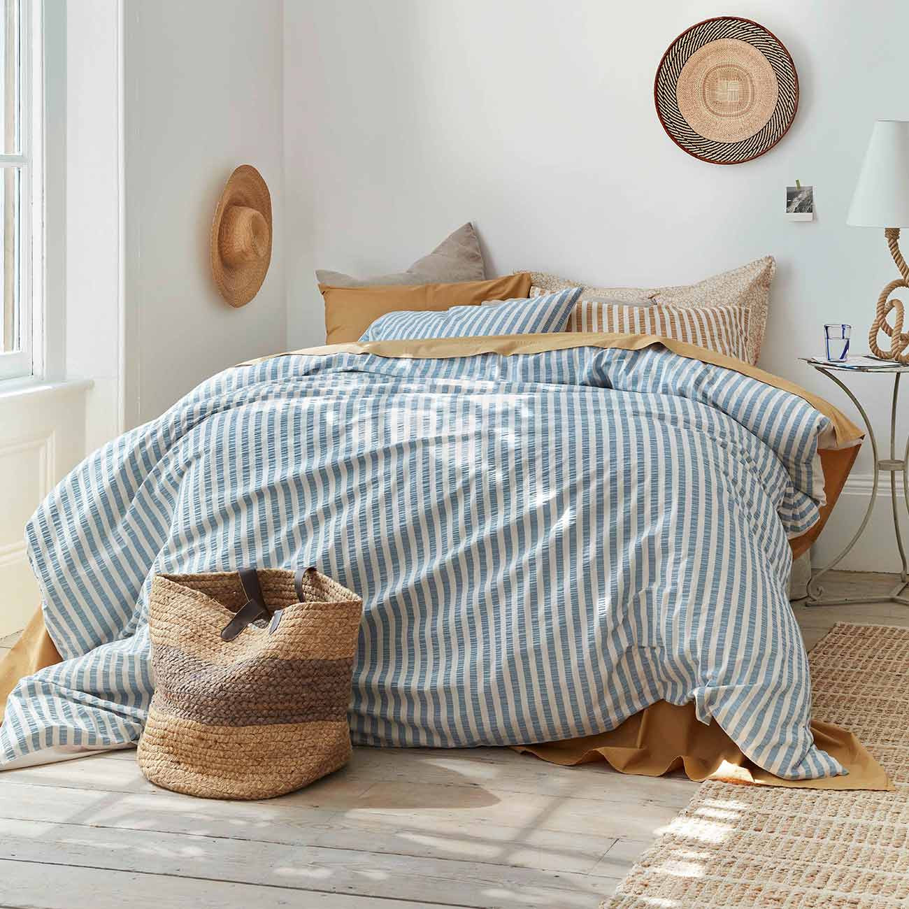 Warm Blue Seersucker Stripe Cotton Duvet Cover | Piglet