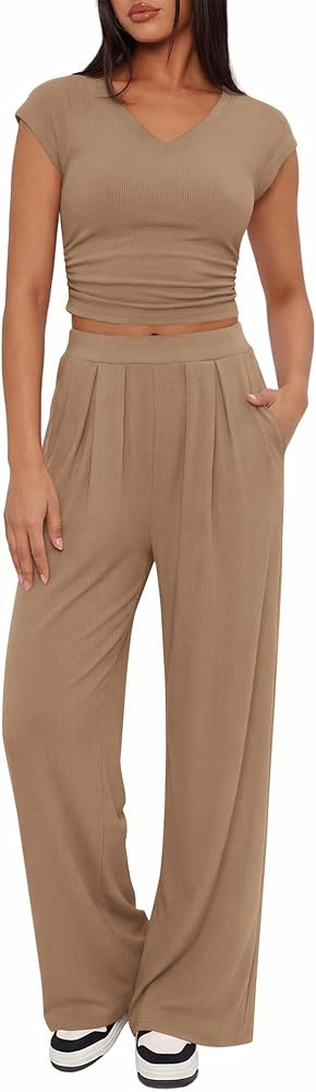 BTFBM Womens 2 Piece Outfits Spring 2026 V Neck Cap Sleeve Ruched Top Wide Leg Pants Sets Rib Kni... | Amazon (US)
