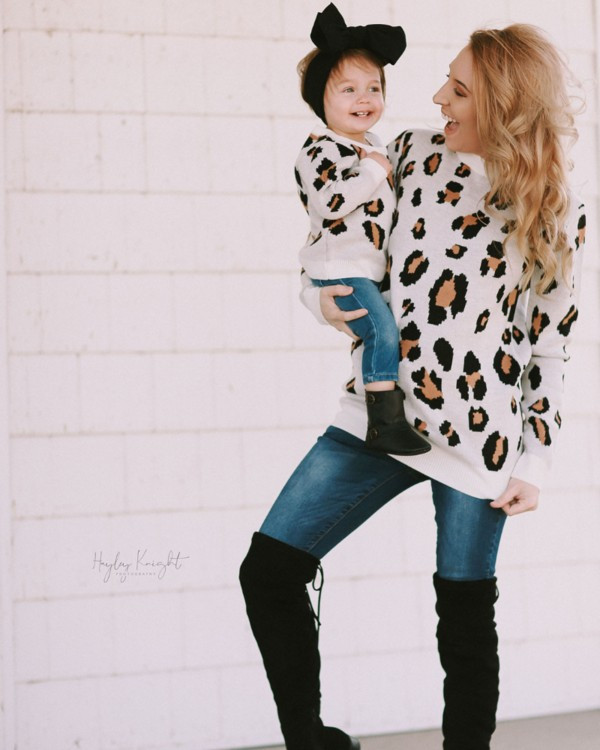 Rebecca Mommy & Me Sweater - White & Brown Leopard | Bailey's Blossoms