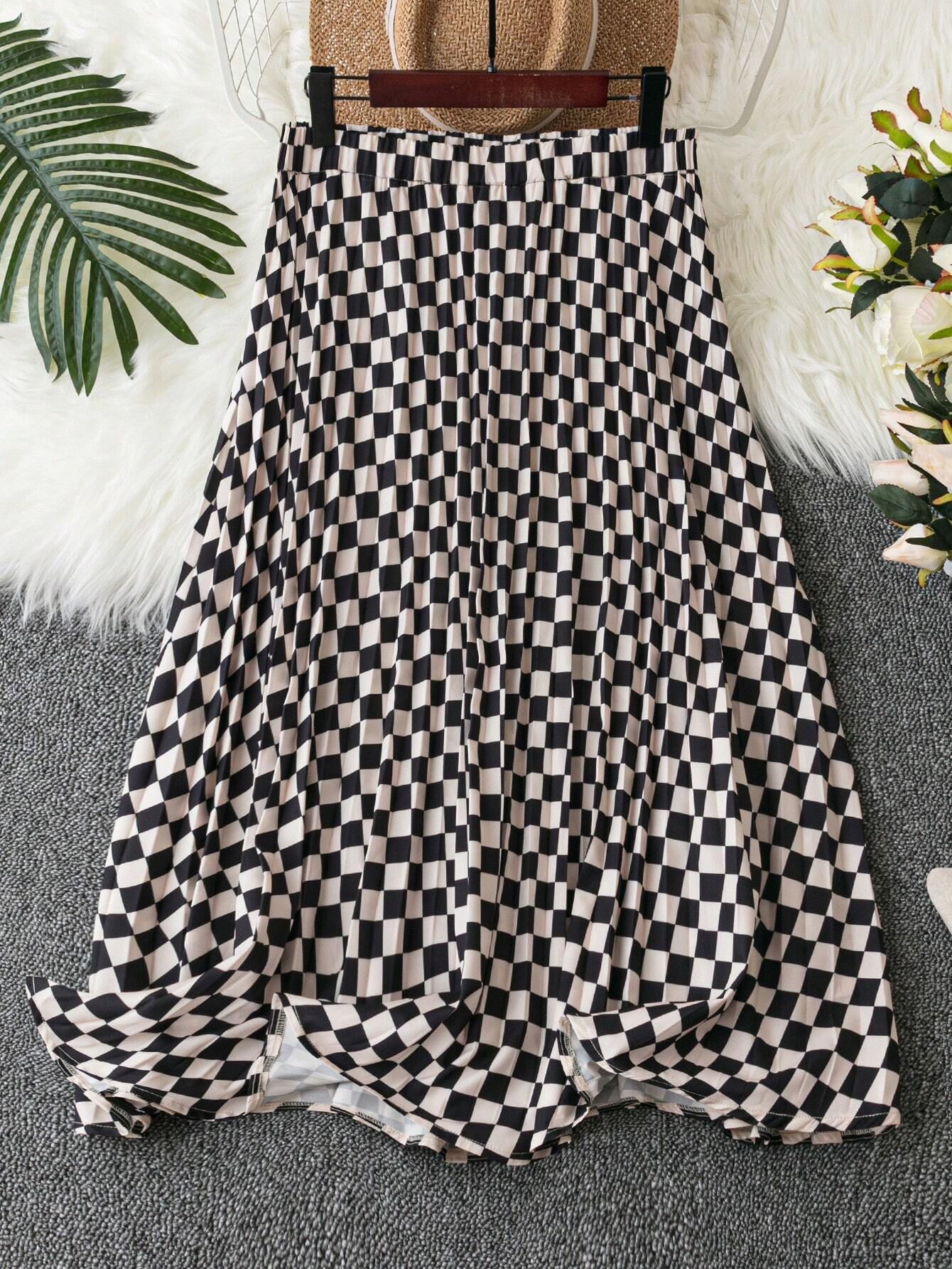 SHEIN LUNE Plus Checkerboard Print Pleated Skirt | SHEIN