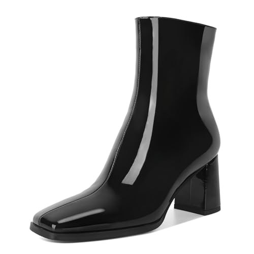 Eldof Womens Ankle Boot Gogo Boots Chunky Boots with Side Zipper Square Toe Block High Heeled Short Booties 3 Inches Patent Black US Size 8 | Amazon (US)