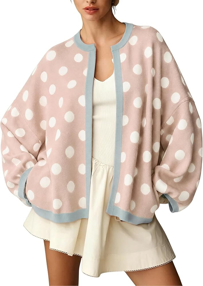 Women's Casual Loose Fit Polka Dot Knit Cardigan Long Balloon Sleeves Open Front Knit Sweater | Amazon (US)