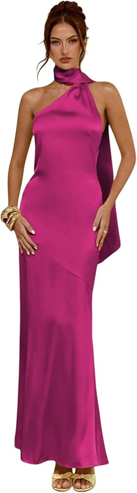 Jicht Satin Prom Dresses Long for Women Mermaid Halter Evening Gown with Scarf JAC014 | Amazon (US)