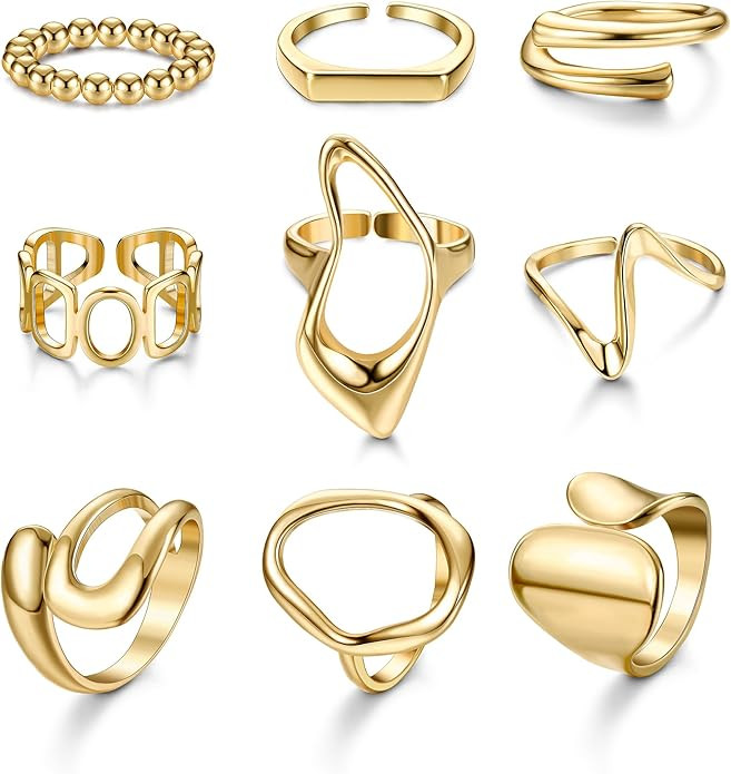 FIBO STEEL 9 Pcs Gold Chunky Rings for Women 18K Gold Plated Ring Set Dome Thick Open Rings Adjus... | Amazon (US)