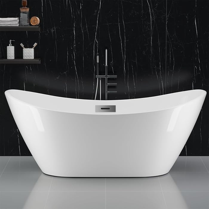 59 Inch Freestanding Bathtubs, White Acrylic Free Standing Bathtub, Modern Soaking Tub with Integ... | Amazon (US)