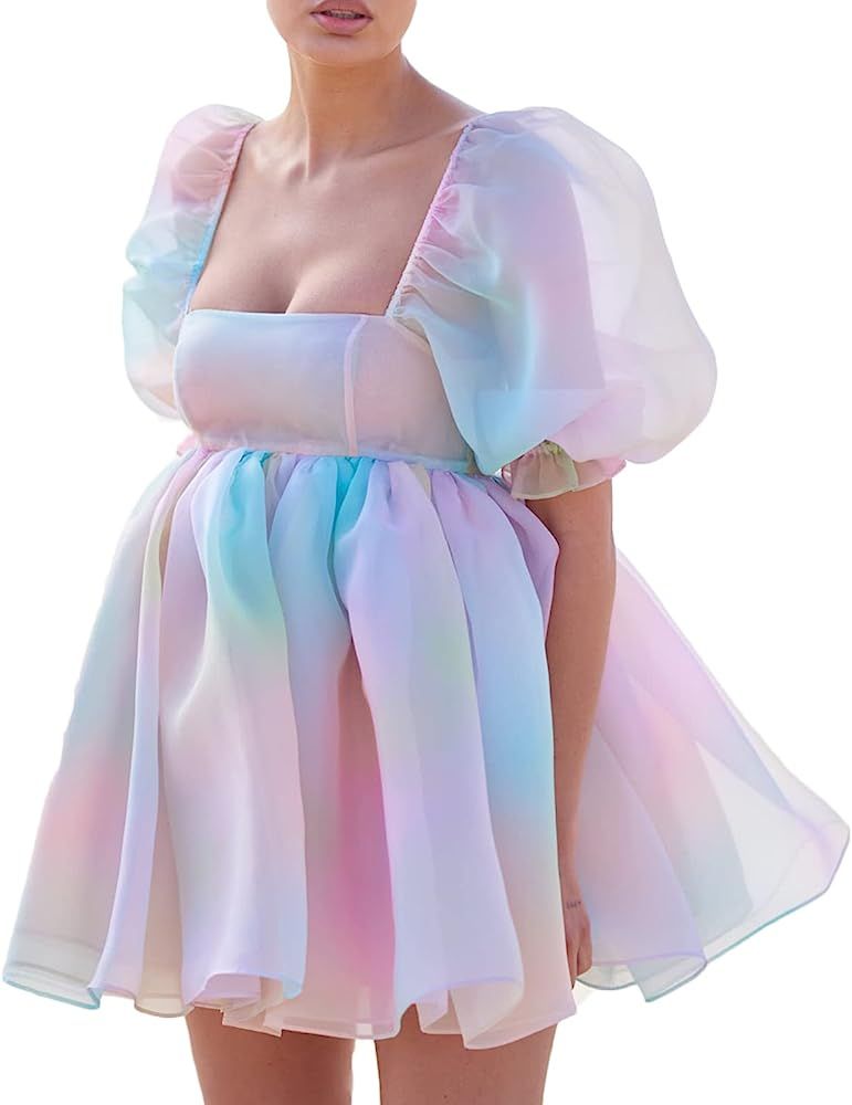 Piacakece Women Cute Puffy Dress Printed Bell Sleeve Square Neck Mesh Ruffle Bubble Dress | Amazon (US)