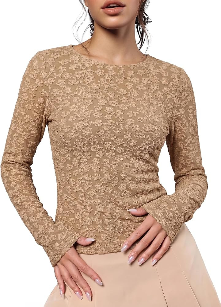 Sidefeel Womens Lace Long Sleeve Tops Sheer See Through Shirts Mesh Blouses | Amazon (US)