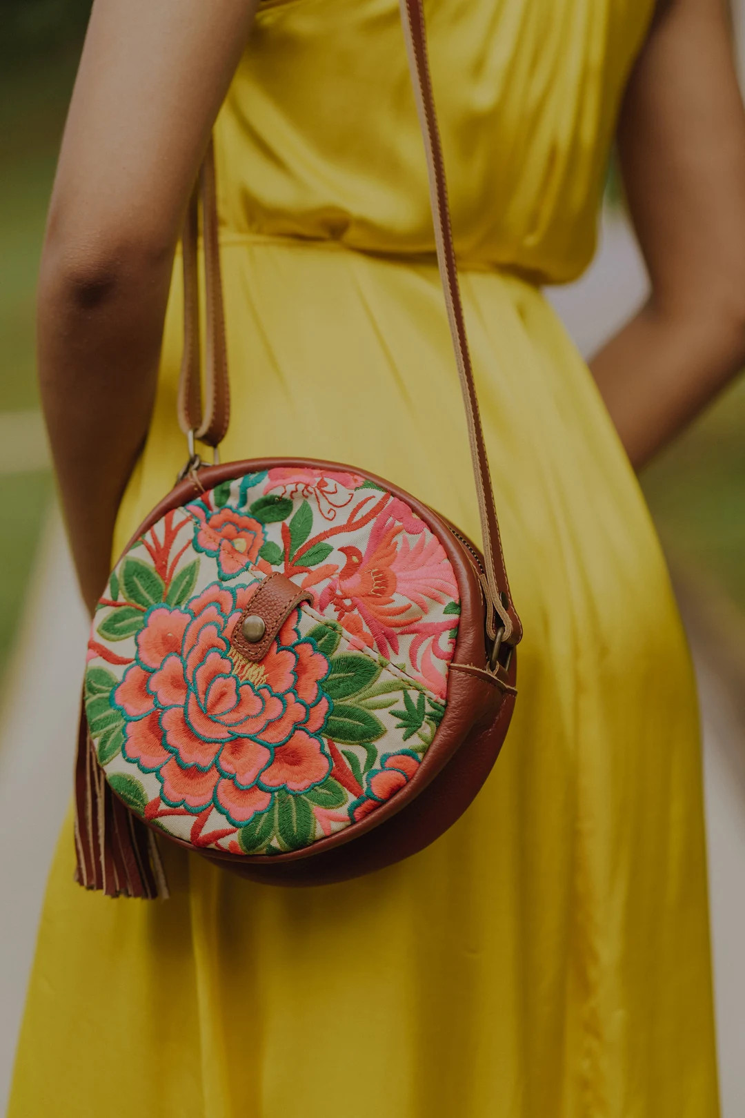 FULL MOON Garden Embroidered Round Crossbody Bag With Brown Genuine Leather, Unique Hmong Crossbo... | Etsy (US)