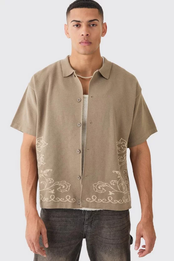 Boxy Jacquard Knit Abstract Detail Shirt In Taupe | boohooMAN (US & Canada)