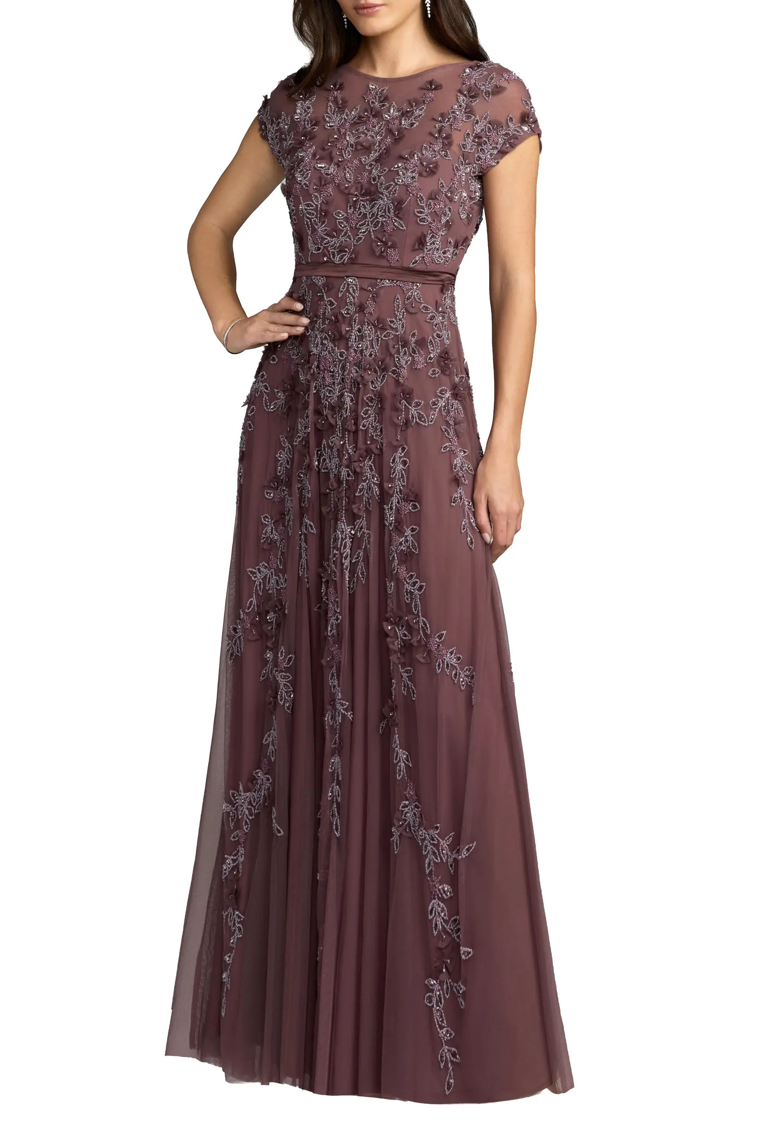 Mac Duggal Floral Embellished Mesh Short Sleeve Gown (Women) | Nordstrom | Nordstrom