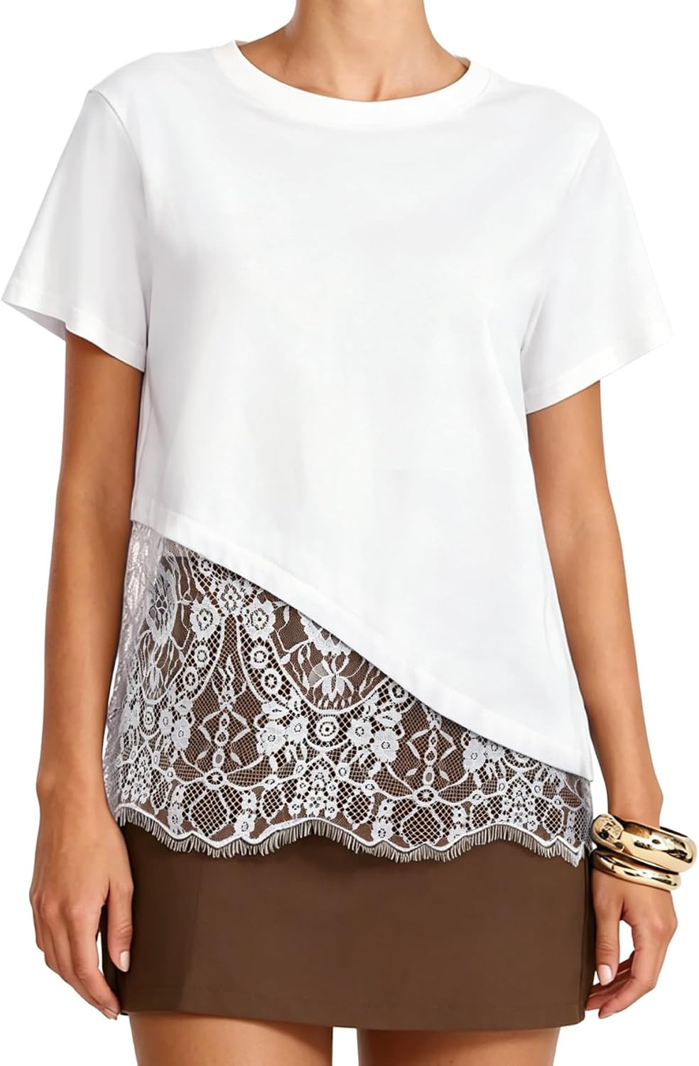 Women's Lace Patchwork Tops Cotton Short Sleeve T Shirts | Amazon (US)