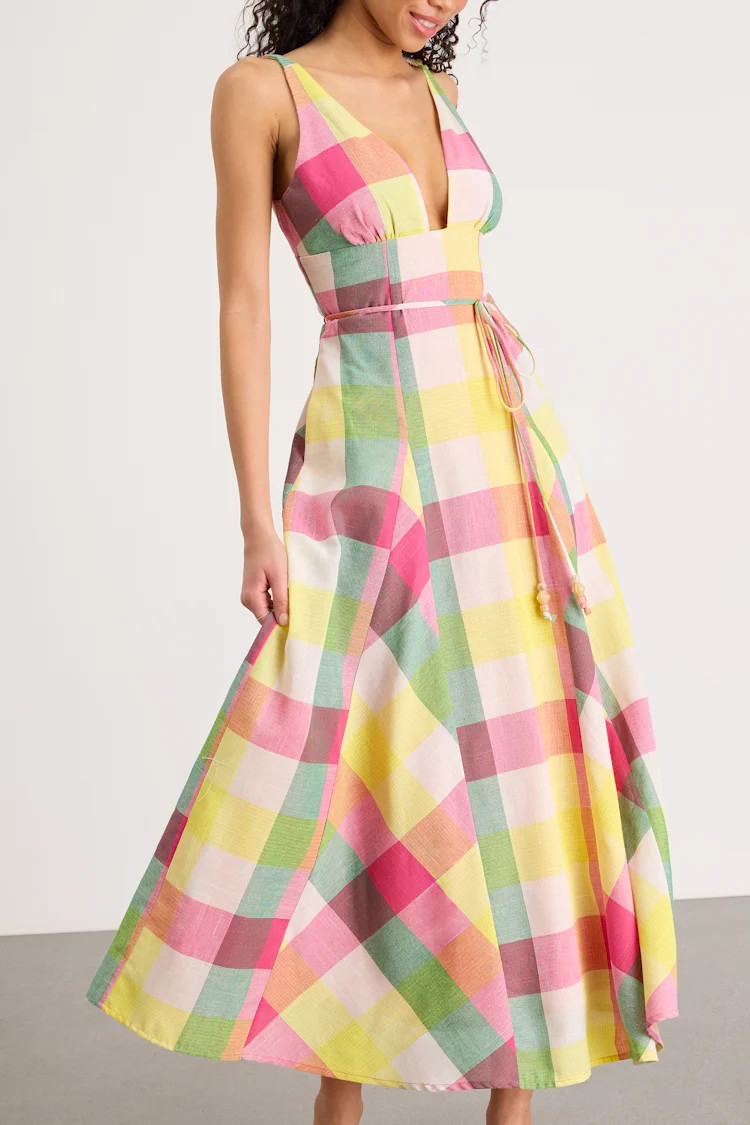 Jonna Yellow Multi Gingham Sleeveless Midi Dress | Lulus