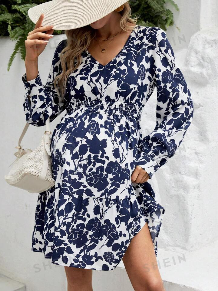 SHEIN Maternity Casual Floral Printed V-Neck Fitted Waistline Dress | SHEIN