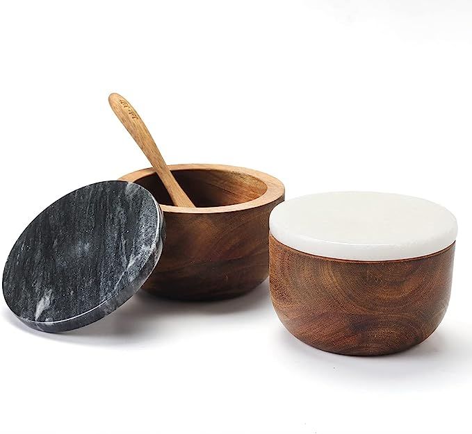 jalz jalz Salt and Pepper Cellar Salt Box Set with spoon Wood Base with Marble Cover | Amazon (US)