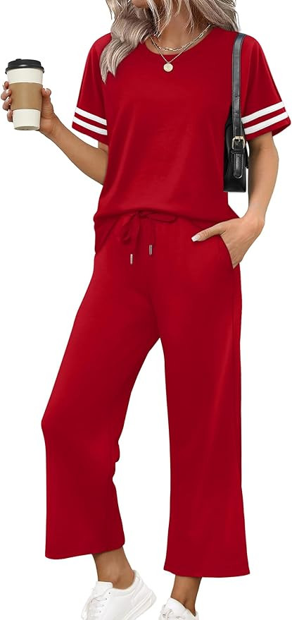 WIHOLL Two Piece Sets for Women Summer Outfits Lounge Sets Short Sleeve Tops Wide Leg Pants Vacat... | Amazon (US)