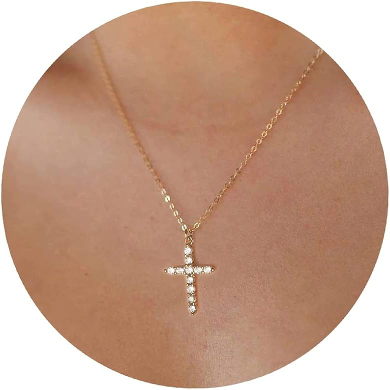 Tewiky Cross Necklace for Women-Dainty Simple 14k Gold Plated Cross Pendant Cute Diamond Necklace... | Amazon (US)