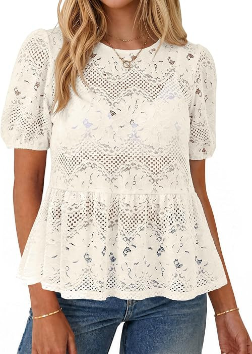 Simplee Womens Summer Lace Tops Boho Hollow Out Crochet Cute Ruffle Peplum Top Western Babydoll B... | Amazon (US)