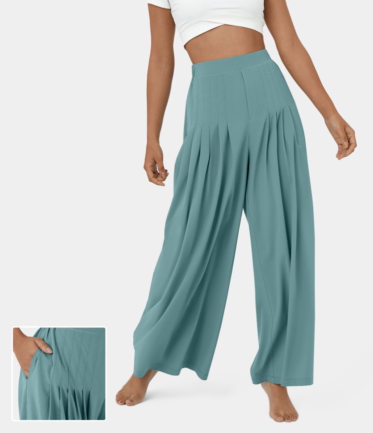Women’s Breezeful™ Mid Rise Pleated Side Pocket Plain Wide Leg Flowy Quick Dry Casual Pants -... | HALARA