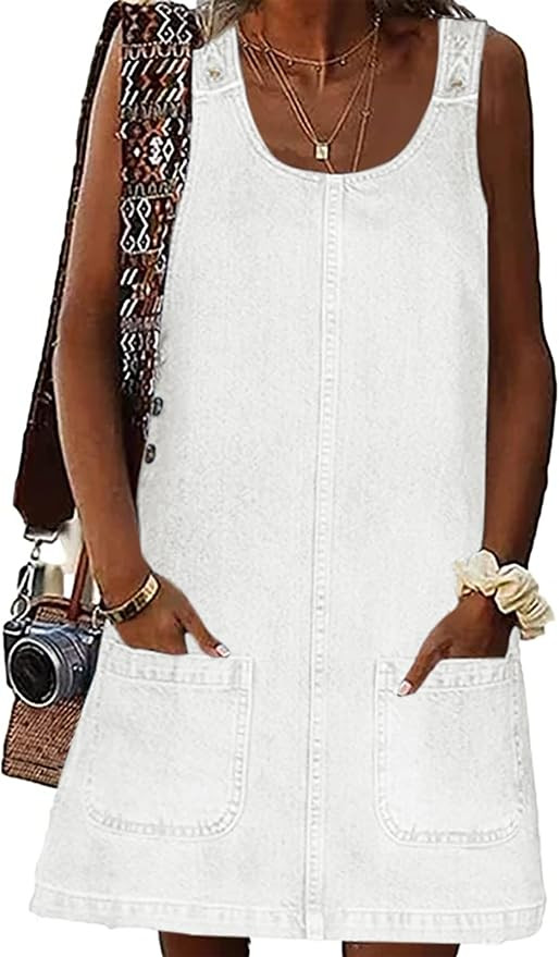 BZB Women's Sleeveless Casual Denim Dress Crewneck Vintage Loose Jean Overall Dress with Pockets | Amazon (US)