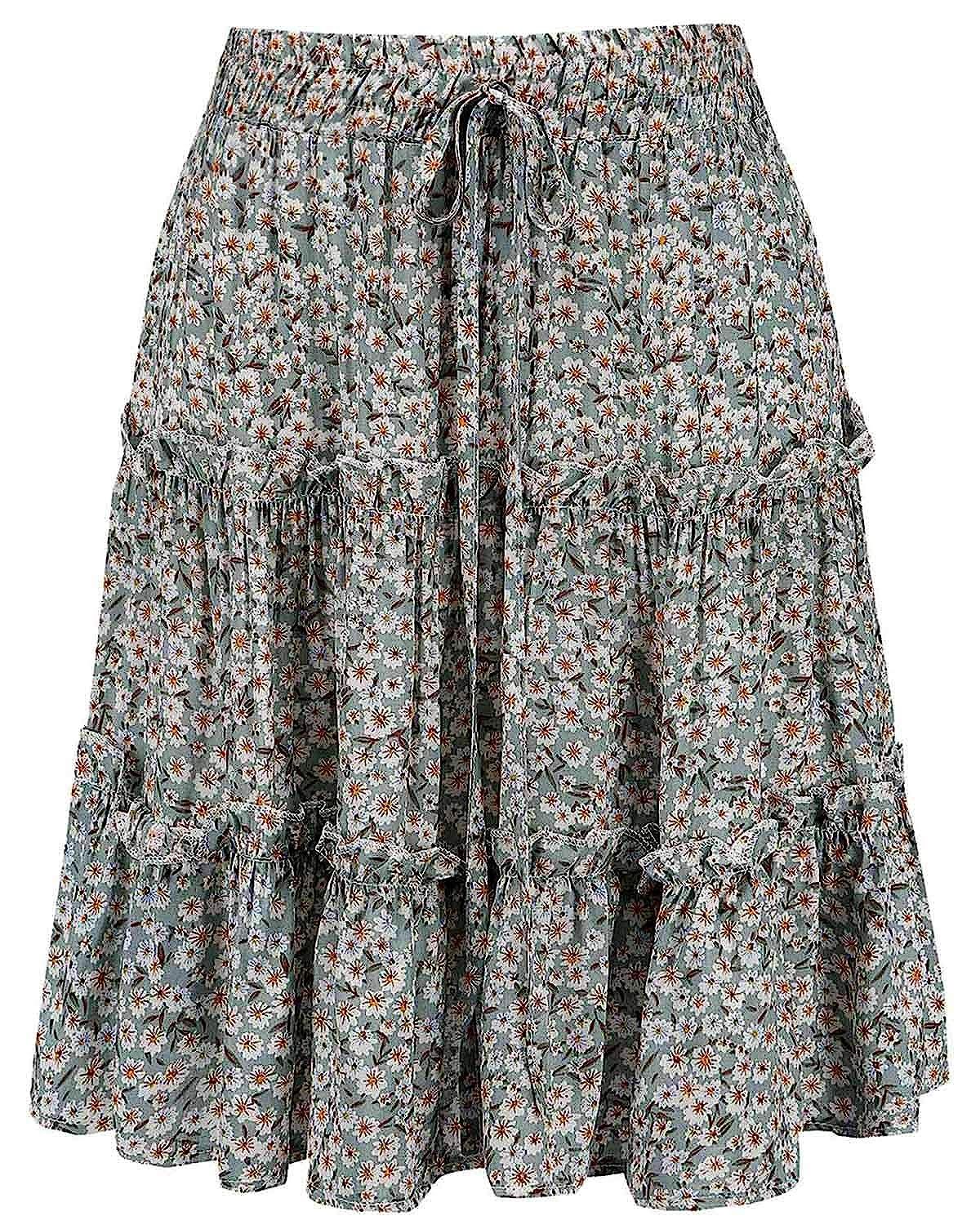 Women's Floral High Waist Drawstring Ruffle Flared Boho A-Line Pleated Skater Mini Skirt | Amazon (US)