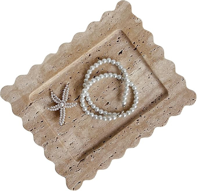 Natural Travertine Scalloped Edge Marble Tray, Handmade Decorative Nightstand and Desk Rectangle ... | Amazon (US)