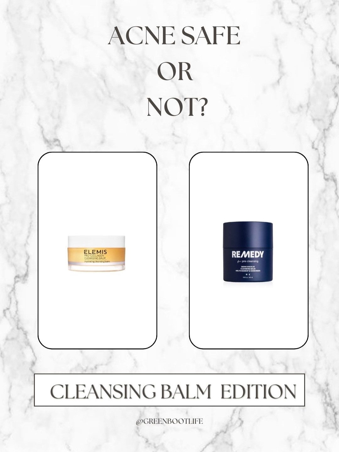 Comment BALM and I’ll send you the acne safe one!

Swipe through to find out more about these two cleansing balms and to find out which one is acne safe, which one is not, and why.

💙 Use code GREENBOOTLIFE for 15% off @remedyskin 

Do you use a cleansing balm in your skincare routine?

#cleansingbalm #acnesafe #acnesafeskincare #acnesafecleanser #remedyambassador