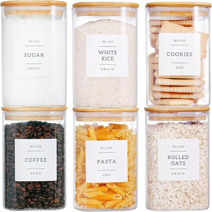 CZZGSM 6 Pack Square Kitchen Storage Jars with Airtight Bamboo Lids and 132 Pantry Labels - 35oz ... | Amazon (US)