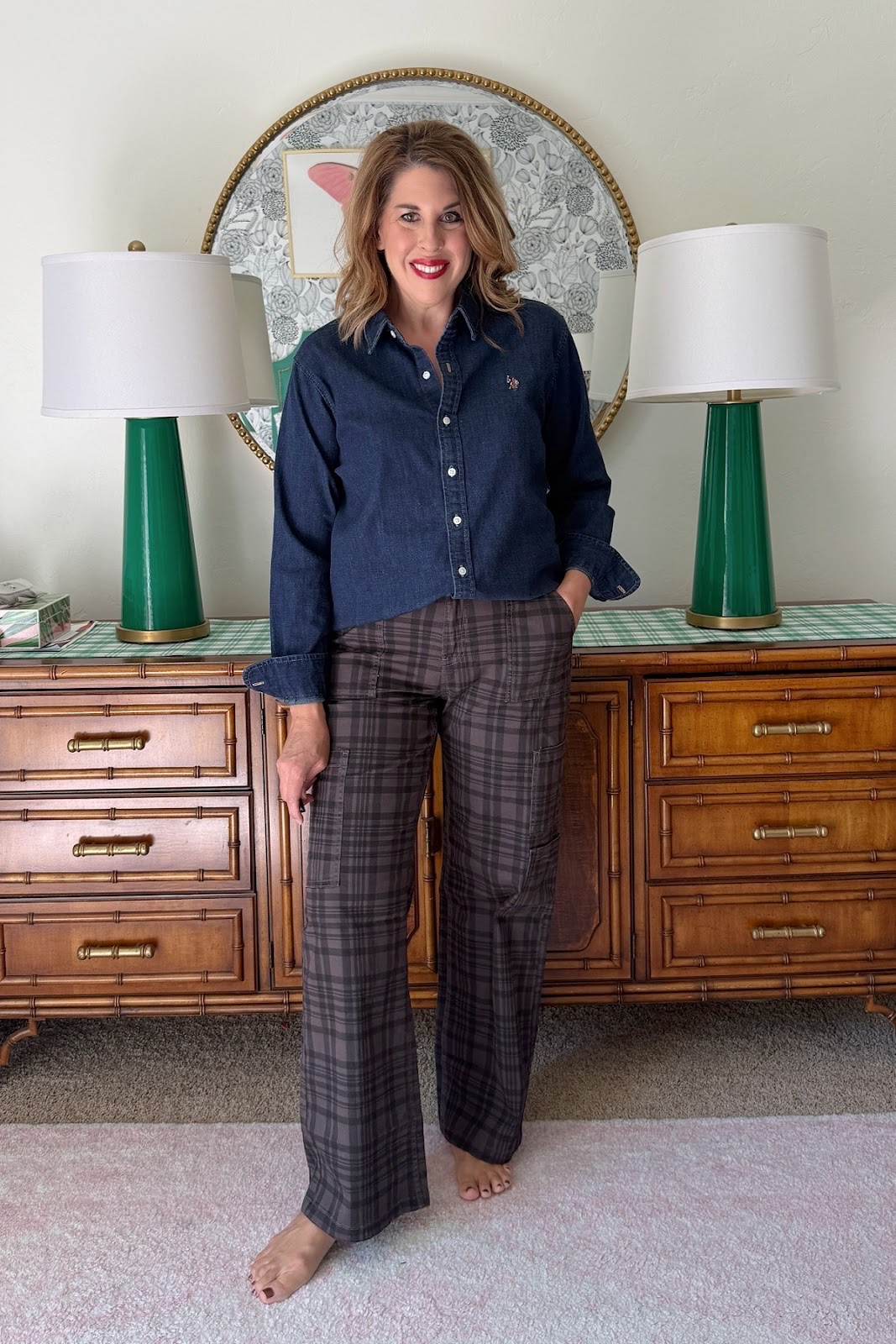 New plaid pattern $17 elastic back pants, been searching for a new dark denim shirt and this is THE ONE, only $26!