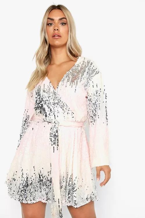 Plus Pastel Ombre Sequin Wrap Blouson Dress | Boohoo.com (US & CA)
