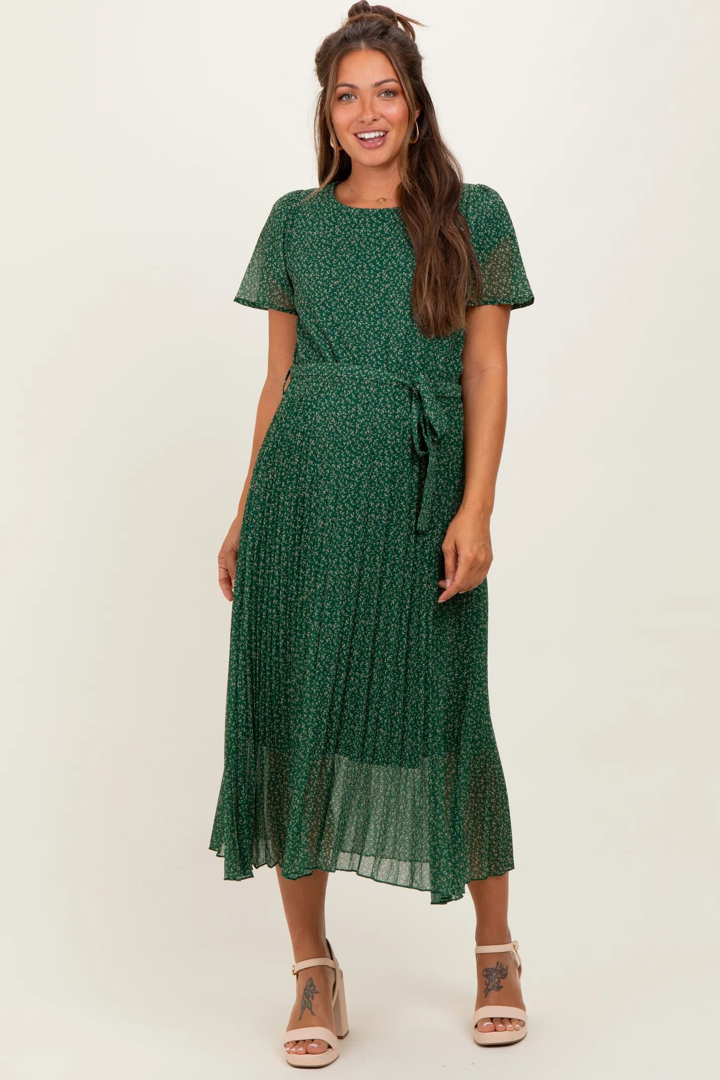 Forest Green Leaf Print Pleated Maternity Midi Dress | PinkBlush Maternity