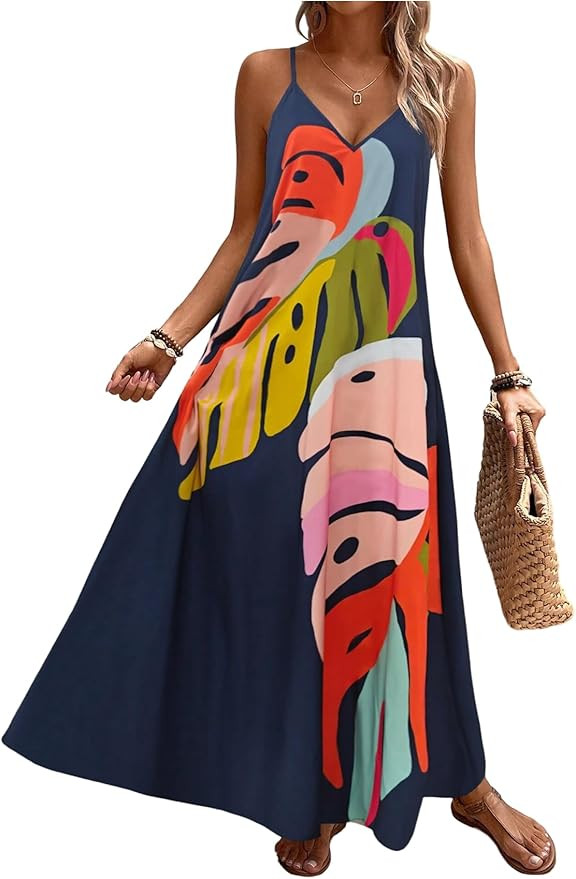 GORGLITTER Women's Sleeveless V Neck Oversized Maxi Long Dress Boho Bump Friendly Graphic Casual ... | Amazon (US)