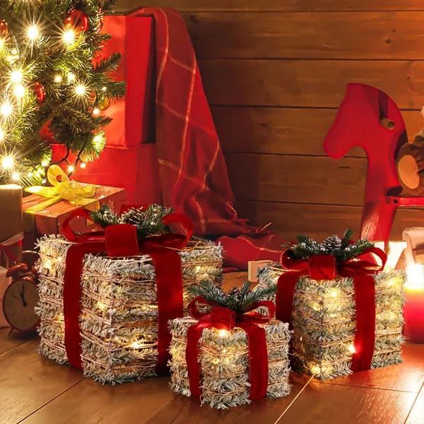 Set Of 3 Led Lighted Christmas Gift Box Ornaments, Cool White | Wayfair North America