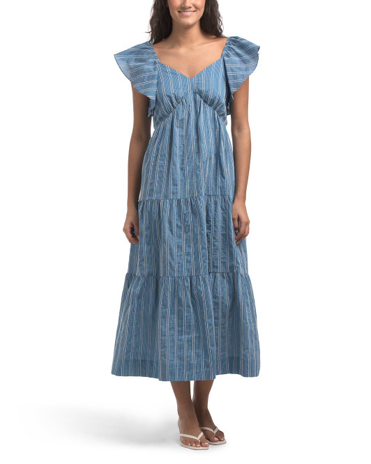 Shannon Striped Flutter Sleeve Tie Back Midi Dress | TJ Maxx