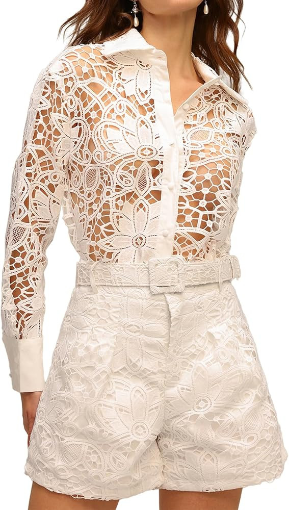 White Lace Embroidery Two Piece Short Set For Women Sexy Casual Short And Top Set For Women | Amazon (US)