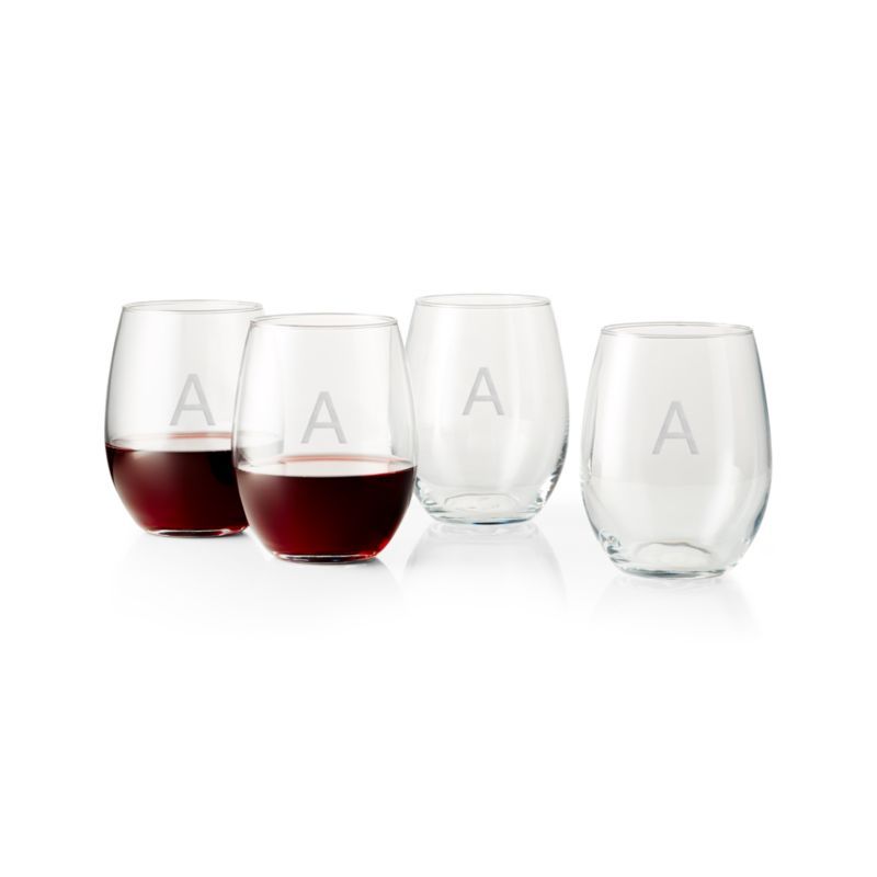 "A" Monogrammed Stemless Wine Glasses, Set of 4 + Reviews | Crate and Barrel | Crate & Barrel