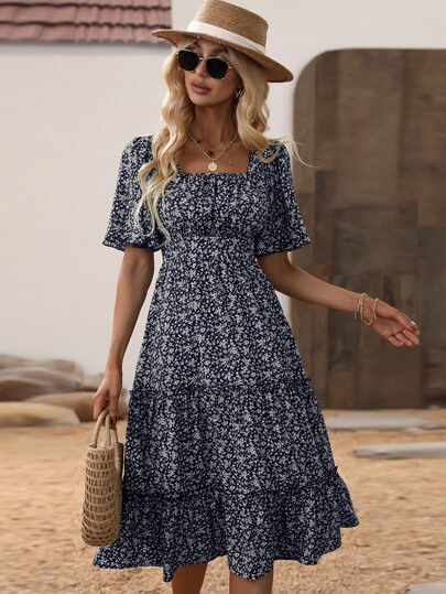 Ditsy Floral Flutter Sleeve Square Neck Ruffle Hem Dress | SHEIN