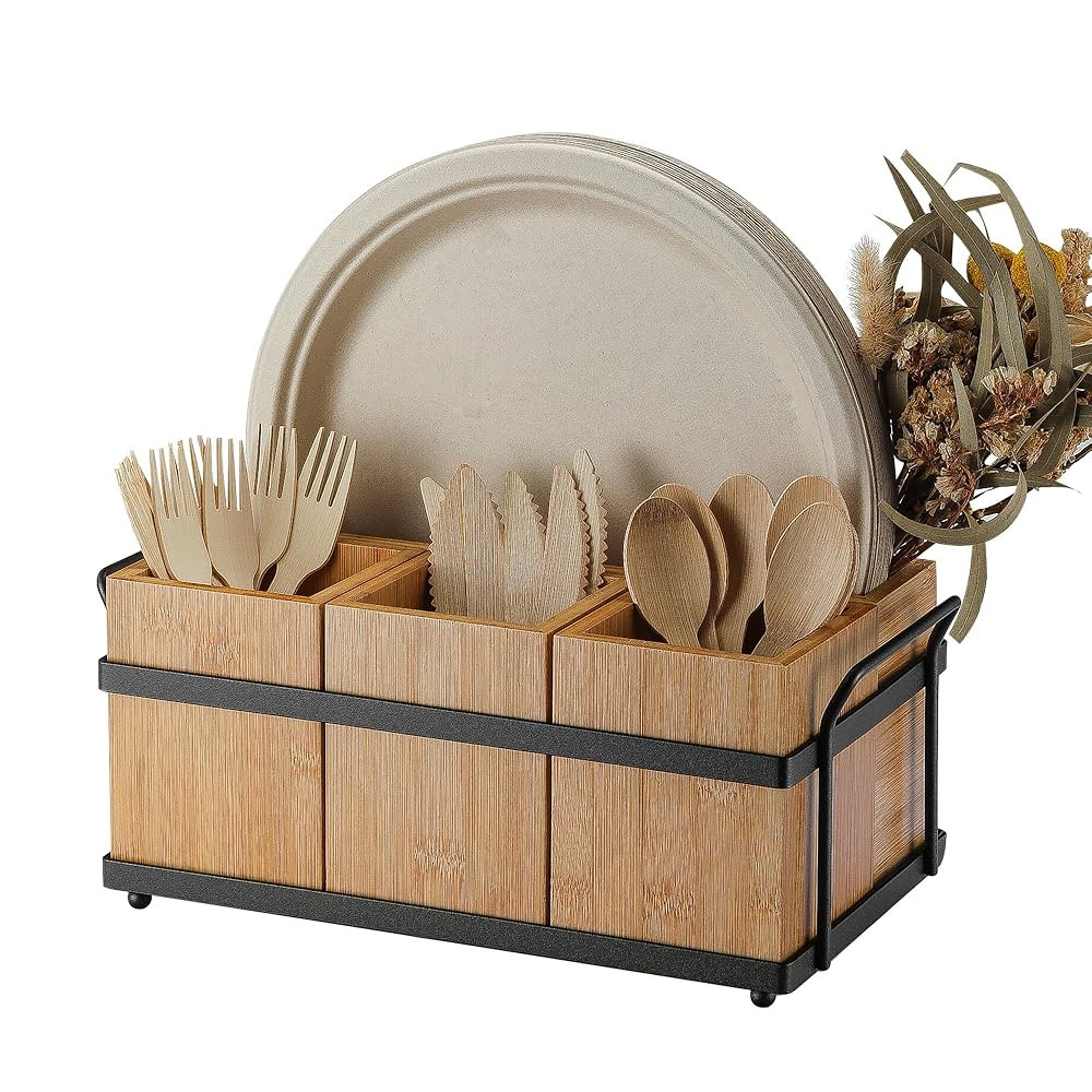 PTSTING Silverware Caddy Wood Holder Paper Plate Dispenser Utensil Caddy Cutlery Flatware Organiz... | Amazon (US)
