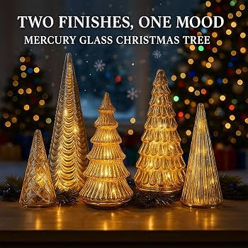 Set of 5 Illuminated Mercury Glass Christmas Trees, Reflective Plastic Lighted Trees for Tabletop... | Amazon (US)
