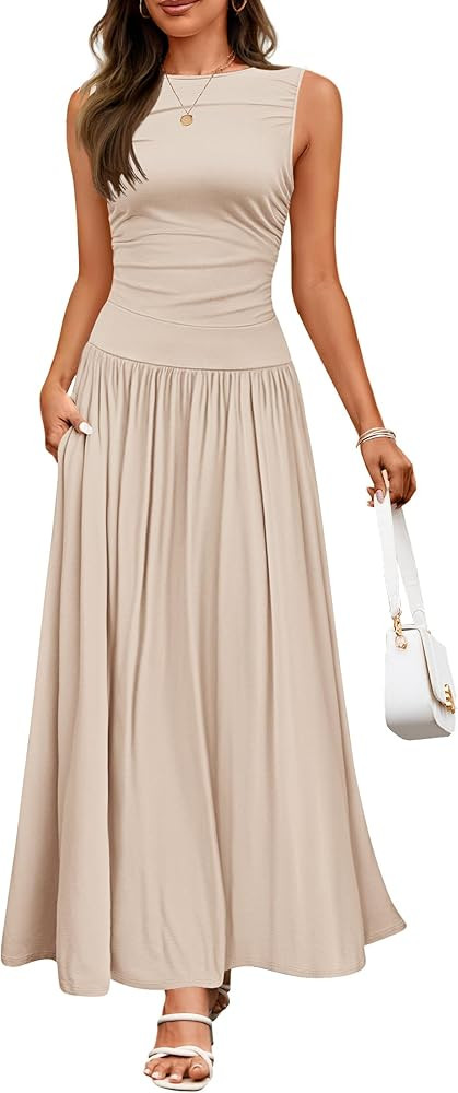 ZESICA Women's Summer Sleeveless Maxi Dress 2025 Casual Crewneck Pleated Flowy Long Dress with Po... | Amazon (US)