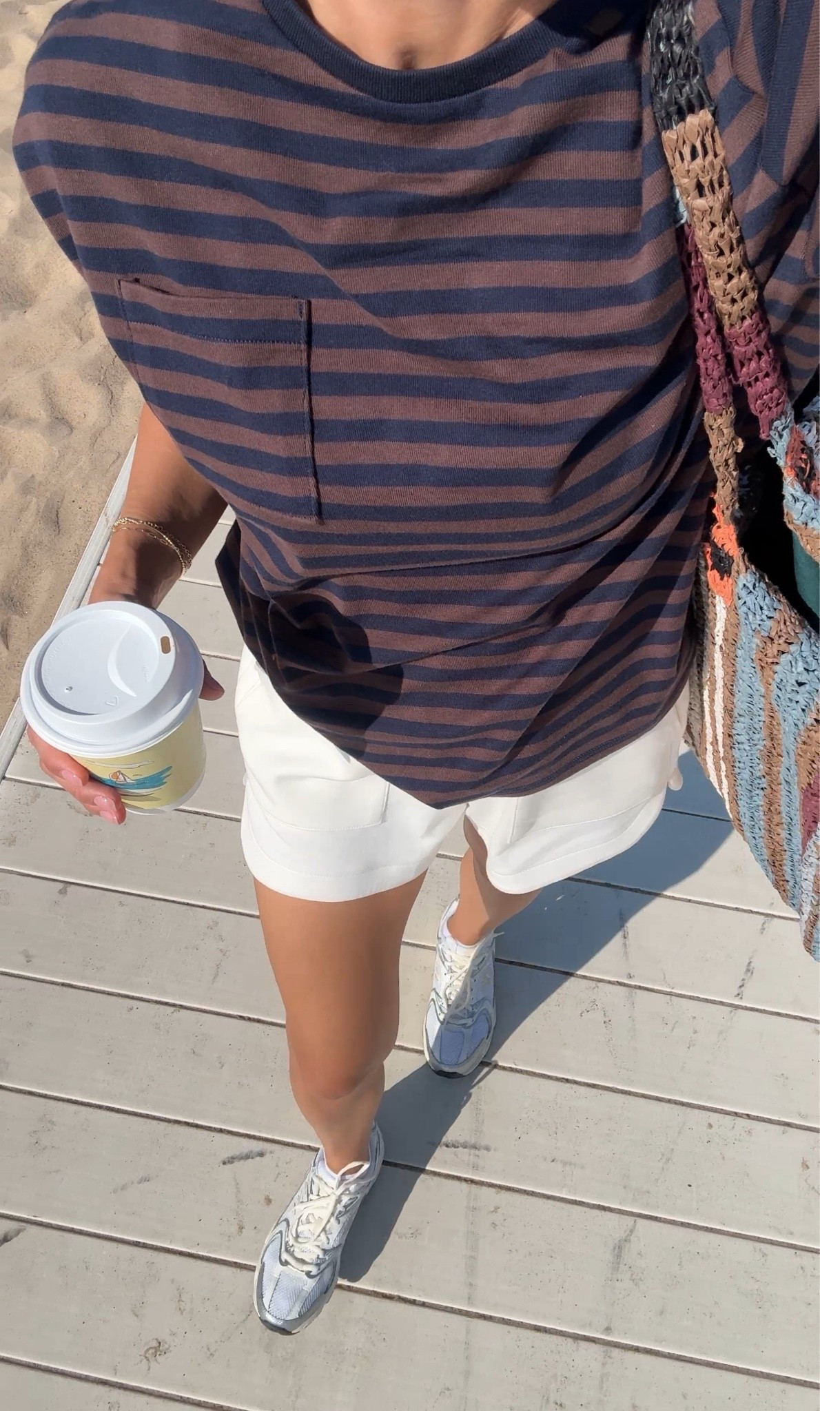 Wearing small striped tee, small tank, small shorts, sneakers tts