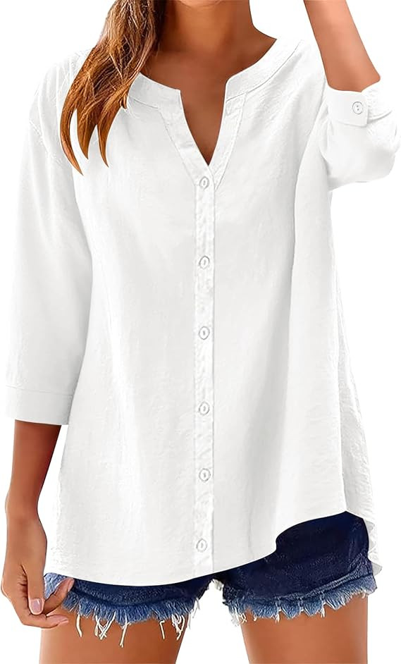 LOMON 3/4 Length Sleeve Womens Tops Cotton Linen V Neck Button Down Shirts | 3/4 Sleeve Shirts fo... | Amazon (US)