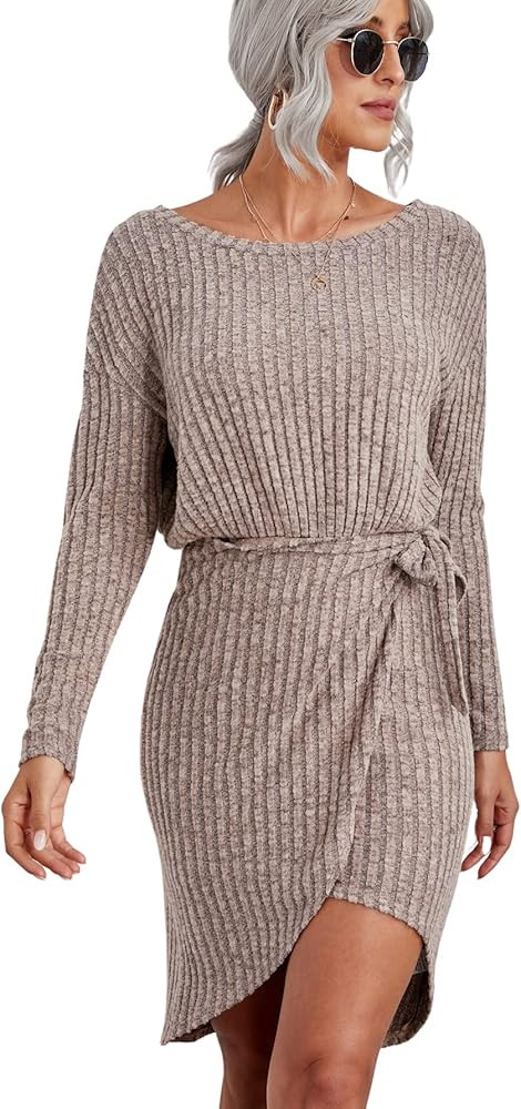 SOLY HUX Women's Ribbed Knit Long Sleeve Tie Side Wrap Hem Dress | Amazon (US)