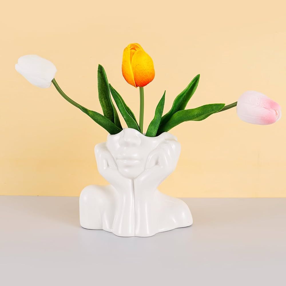 Face Vase -White Ceramic Head Vase for Flowers Female Form Head Half Body Vase Boho Decor Modern ... | Amazon (US)